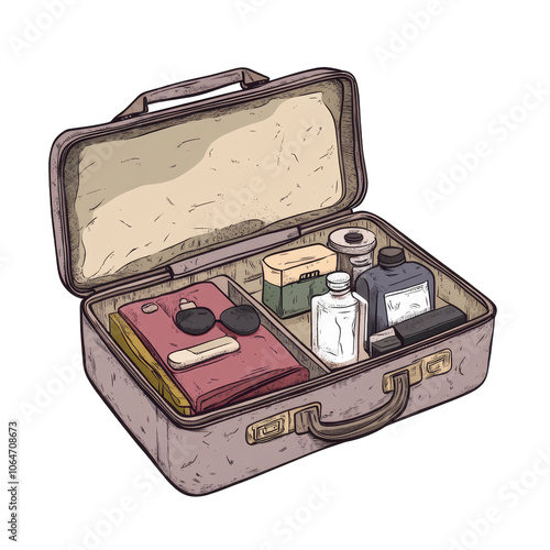 Colorful flat illustration of a suitcase filled with travel essentials, perfect for adventure planning and travel-themed projects.