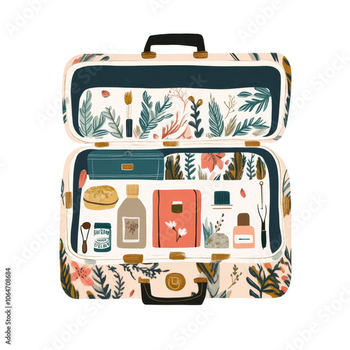 Colorful flat illustration of a suitcase filled with travel essentials, perfect for travel-themed projects or promotional materials.