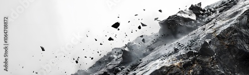 Rock stone white background fall black falling space isolated splash dust mountain cliff flying. Earth stone boulder texture rock abstract broken powder white dirt blast float burst fantasy surface. 