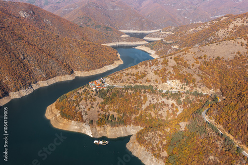 Aerial view of a Vacha reservoir in Rhodope Mountains near Devin, Smolyan, Bulgaria photo