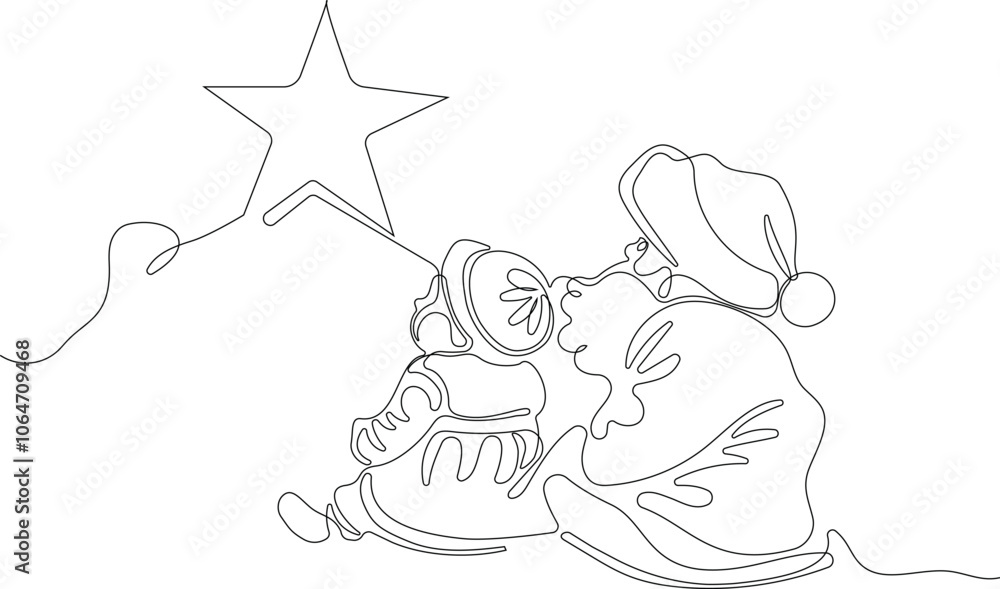 Outlined Cute Santa Claus Cartoon Character With A Sack Full Of Gifts. Vector Hand Drawn Illustration. One continuous line drawing Santa Claus on reindeer and sled. concept for Christmas and New Year Outlined Cute Santa Claus Cartoon Character With A Sack Full Of Gifts. Vector Hand Drawn Illustration. One continuous line drawing Santa Claus on reindeer and sled. concept for Christmas and New Year