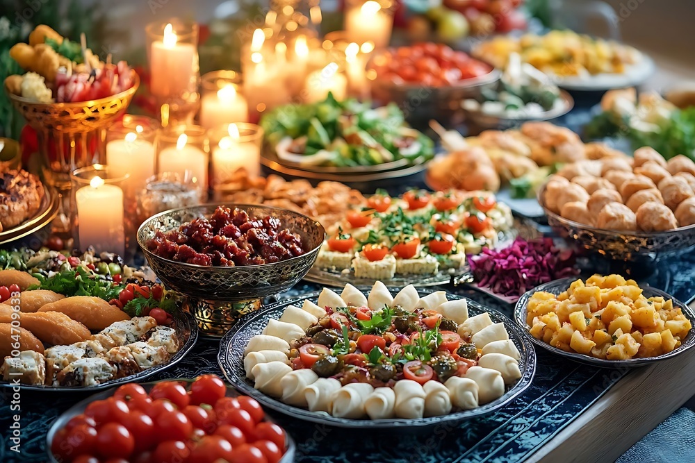 Delicious Food Buffet with Candles - Realistic Image Delicious Food Buffet with Candles - Realistic Image