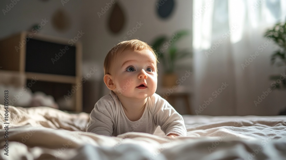 A baby lies on a soft surface, gazing curiously toward the light coming from a nearby window. The room's warm atmosphere creates a serene setting for exploration A baby lies on a soft surface, gazing curiously toward the light coming from a nearby window. The room's warm atmosphere creates a serene setting for exploration