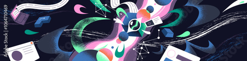 Neural networks concept banner. Machine learning and modern technology. Emerging of artificial intelligence, neuron tech. AI analysis of information, cyber engineering. Flat vector illustration