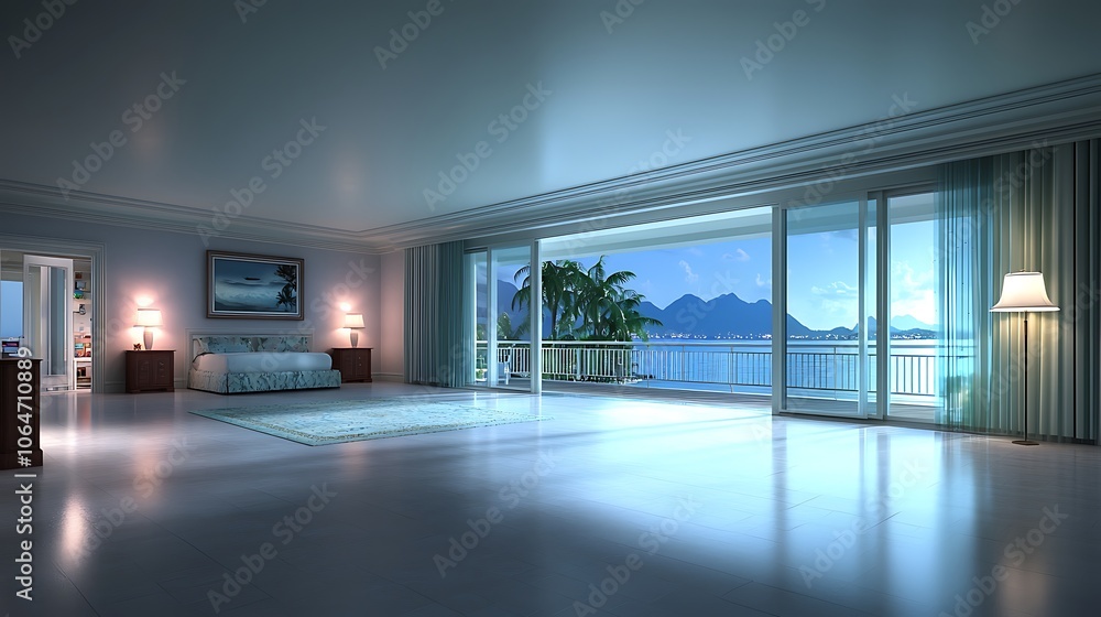Fototapeta premium Experience tranquility luxurious oceanview bedroom with serene ambiance and modern elegance