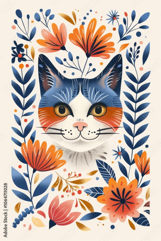 stylized cat face amidst symmetrical flowers stylized cat face amidst symmetrical flowers