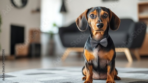A dachshund dog wearing a bow tie sits on a rug in a living room.