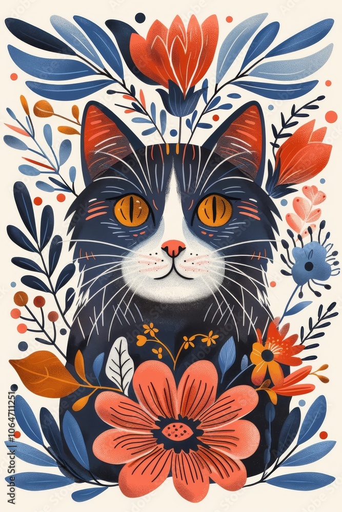 Nature's art: stylized cat face surrounded by floral ornamentation Nature's art: stylized cat face surrounded by floral ornamentation