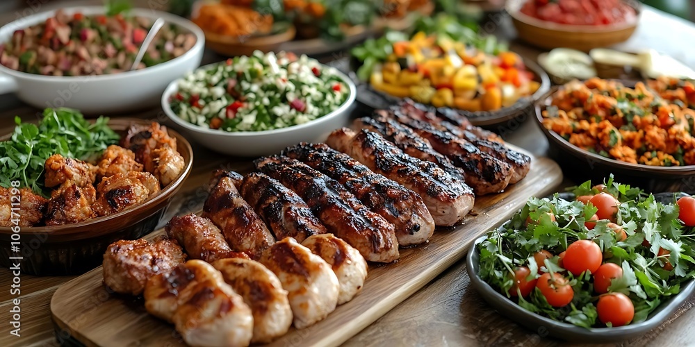 Grilled Skewers and Side Dishes on Wooden Board - Food Photography Grilled Skewers and Side Dishes on Wooden Board - Food Photography