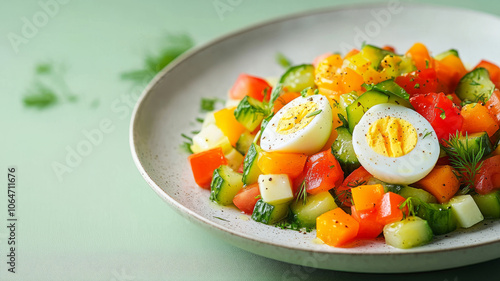 Colorful vegetable salad with boiled eggs.