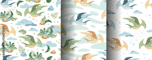 Set of Seamless patterns with cute dinosaurs in flat style. Endless texture with flying pterodactyl with clouds and tropical plants. Childish background for fabric, wallpaper, wrapping paper