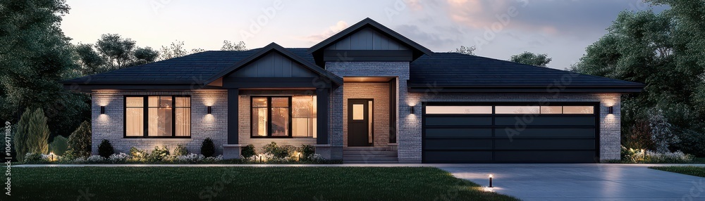 Charming suburban house bathed in warm sunset light, creating a serene and inviting atmosphere. Charming suburban house bathed in warm sunset light, creating a serene and inviting atmosphere.