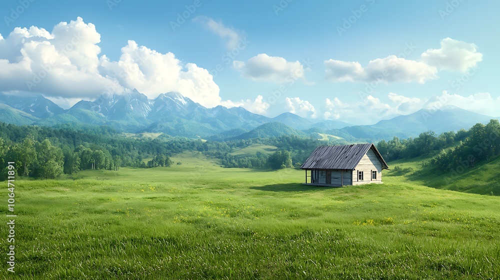 Explore the serenity of a remote cabin nestled in lush green fields against majestic mountains Explore the serenity of a remote cabin nestled in lush green fields against majestic mountains