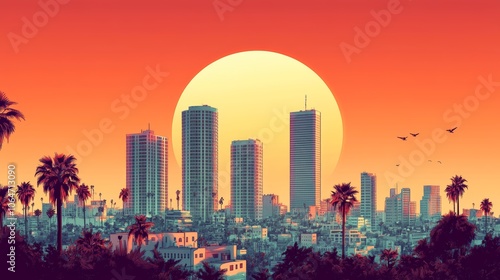 Retro Tel Aviv Skyline Sunset Illustration