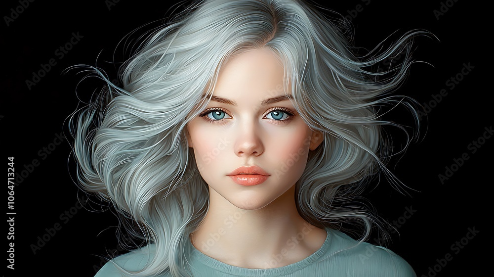 Captivating portrait of a young woman with striking silver hair and mesmerizing blue eyes Captivating portrait of a young woman with striking silver hair and mesmerizing blue eyes
