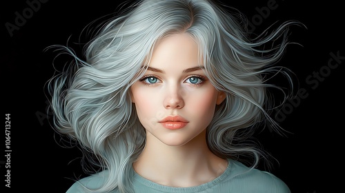 Captivating portrait of a young woman with striking silver hair and mesmerizing blue eyes