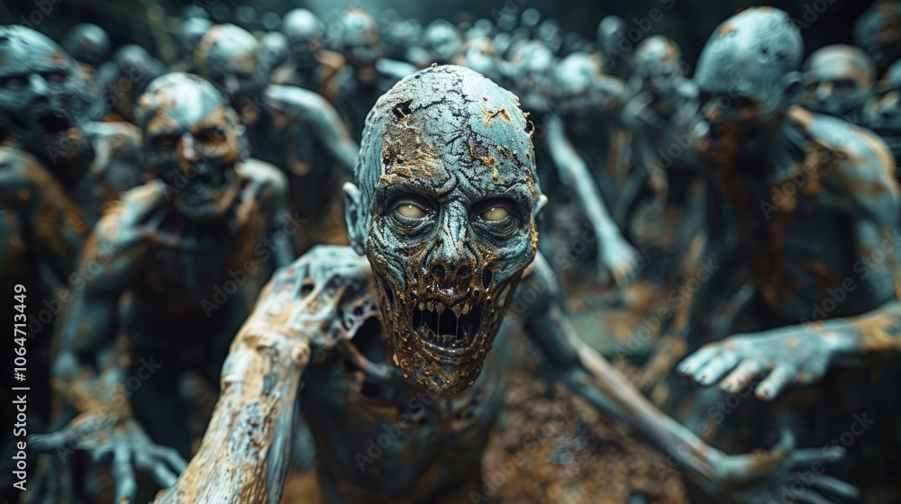 Obraz premium An unsettling gathering of decaying figures advances through a shadowy woodland, their hollow eyes reflecting a sinister glow as they reach out eerily, seeking the living