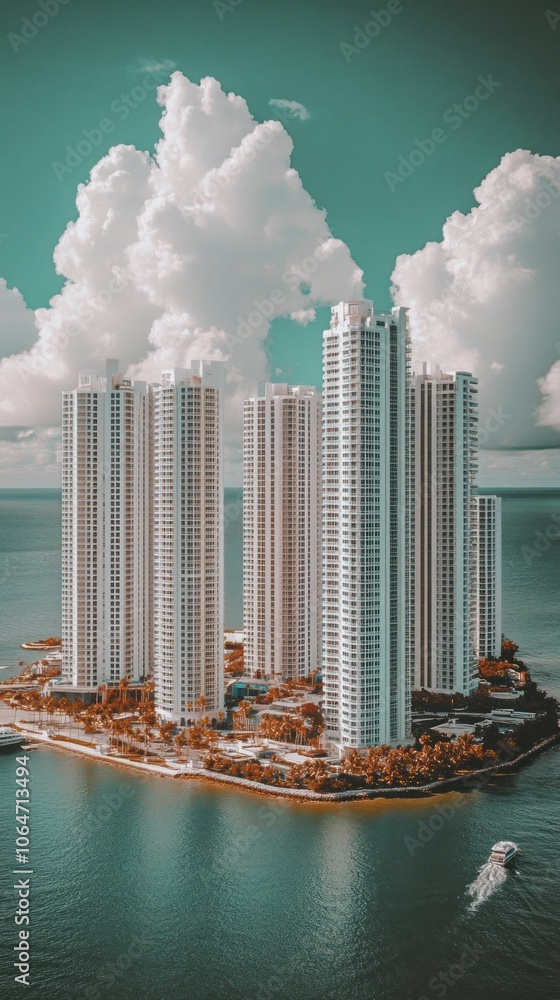 Fototapeta premium Aerial view of modern skyscrapers on a tropical island surrounded by water and clouds.
