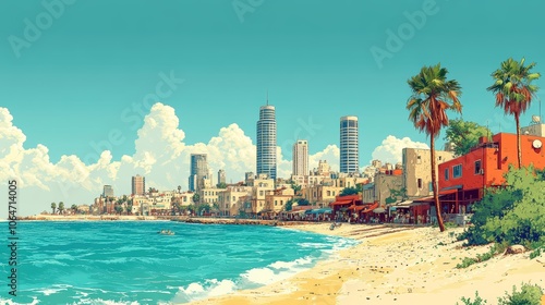 Tel Aviv Beach Cityscape   Retro Illustration  Minimalist Design  Architecture  Summer  Va