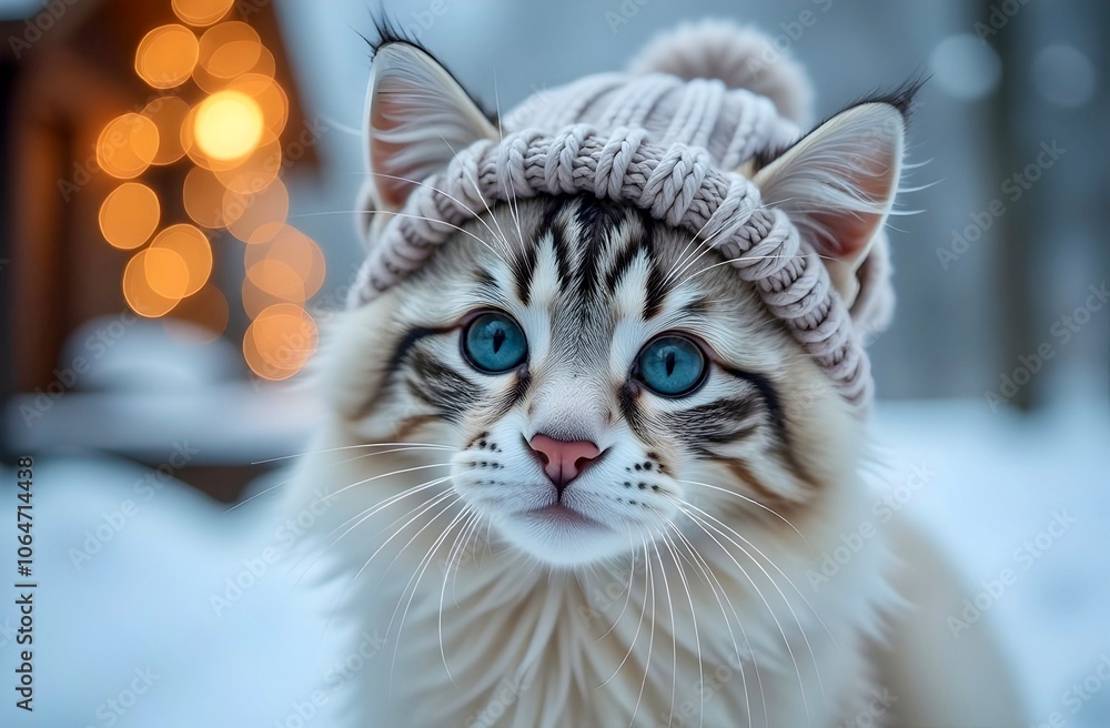 Portrait of a beautiful blue-eyed Persian cat wearing a knitted hat outside in the snow. Portrait of a beautiful blue-eyed Persian cat wearing a knitted hat outside in the snow.