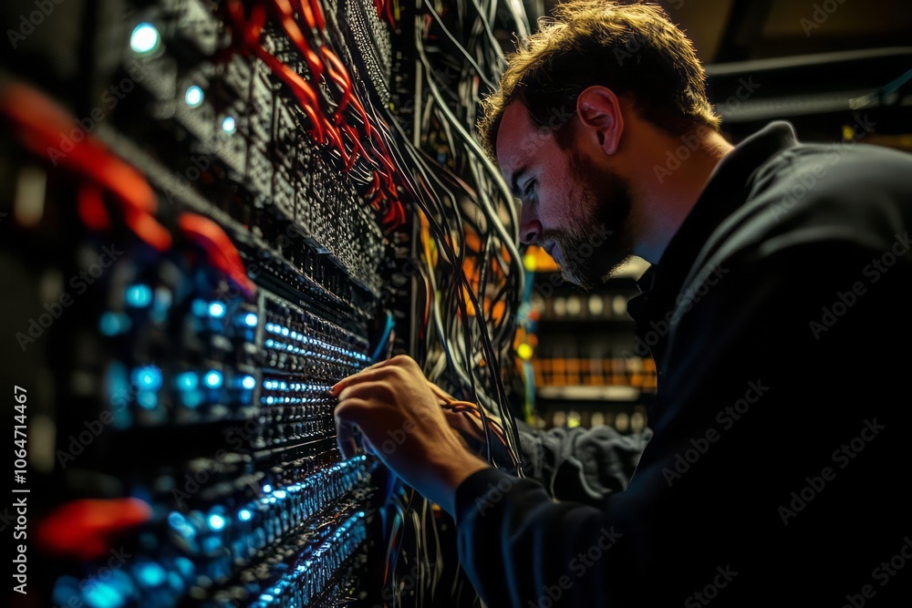 An IT professional in a server room showcases the work processes of ...