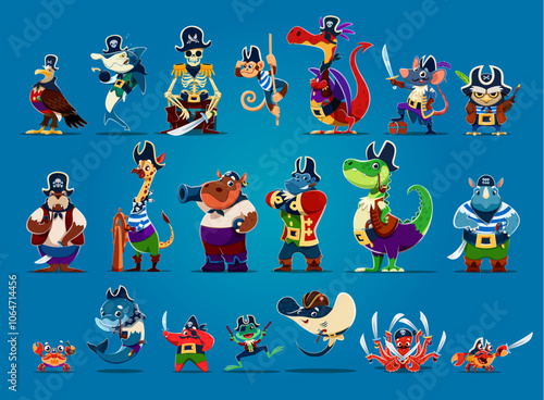 Cartoon funny animal pirate characters, corsair captain and skipper, vector Caribbean sailors. Animals pirates, filibusters boatswains, shark with crab or starfish and hippo with Jolly roger skull