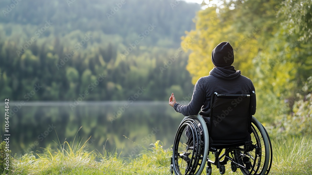 Obraz premium Person in wheelchair meditating near lake.