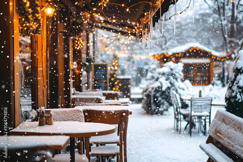 Cozy Winter Cafe: A charming cafe patio adorned with twinkling lights, blanketed in fresh snow. The inviting ambiance creates a warm and romantic atmosphere perfect for a winter getaway.  photo