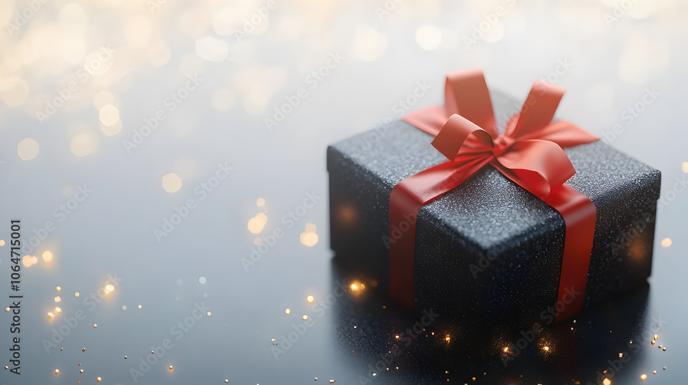 Gift Box With Red Ribbon: A black gift box with a red ribbon, illuminated by warm, sparkling lights, evokes anticipation and excitement. Gift Box With Red Ribbon: A black gift box with a red ribbon, illuminated by warm, sparkling lights, evokes anticipation and excitement.