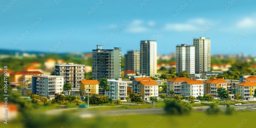 Obraz premium A cityscape featuring modern high-rise buildings and residential areas under a clear sky.