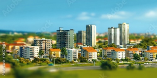 A cityscape featuring modern high-rise buildings and residential areas under a clear sky.