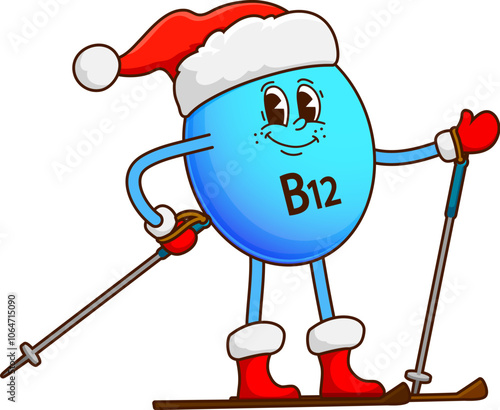 Christmas groovy vitamin B12 character on ski in Santa hat, vector cartoon micronutrient Groovy vitamin B12 riding ski on winter holiday with happy face and smile for Christmas or New Year character