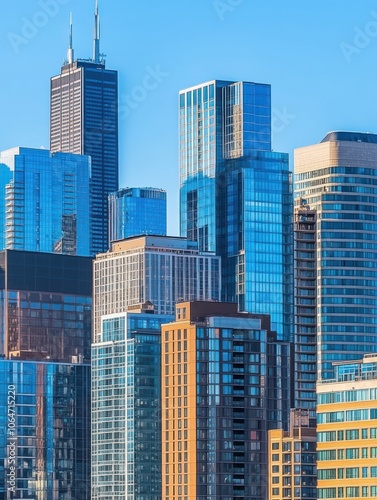 A skyline view featuring modern skyscrapers and glass buildings against a clear blue sky.