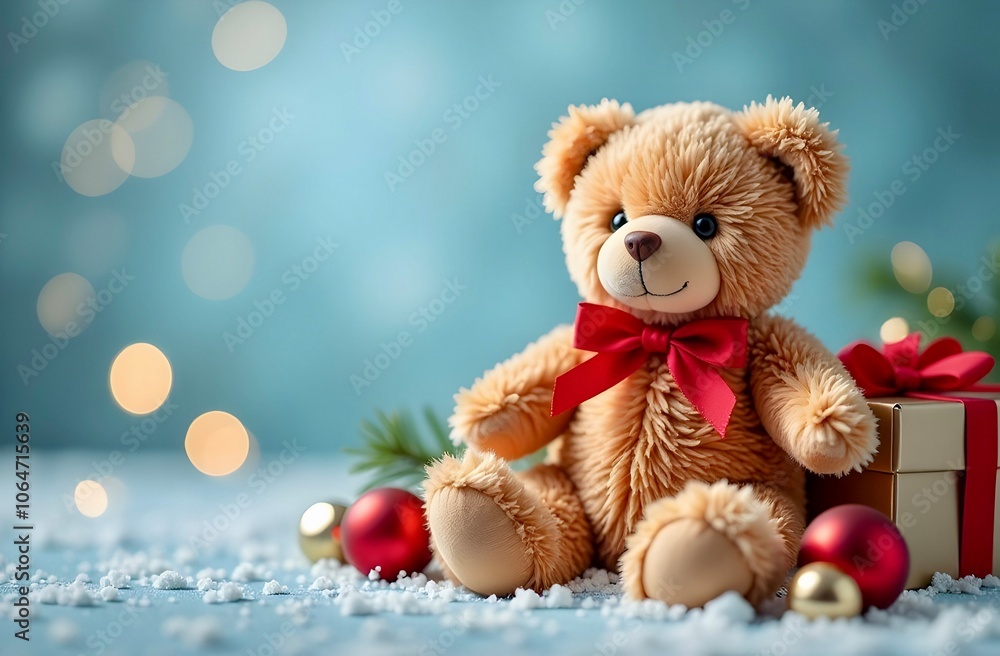 Close-up of a teddy bear with a red bow instead of a tie. A bear is sitting in the snow with a gift, New Year's toys and a branch of a Christmas tree, the background is pale blue, blurred. Copy space Close-up of a teddy bear with a red bow instead of a tie. A bear is sitting in the snow with a gift, New Year's toys and a branch of a Christmas tree, the background is pale blue, blurred. Copy space