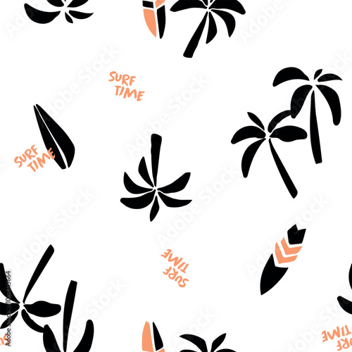 Summer seamless pattern design.Palm tree, surfboard, shark print. Summer seamless pattern design.Palm tree, surfboard, shark print. monochrome print
