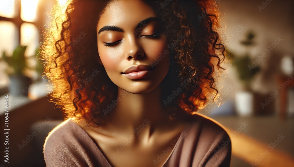 Fototapeta premium A portrait of a curly hair woman with eyes closed, basking in warm, cozy sunlight
