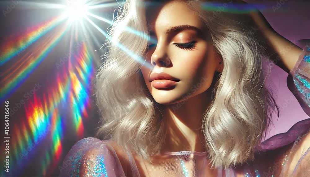 A portrait of a young woman with platinum blonde, wavy hair, bathed in ethereal light A portrait of a young woman with platinum blonde, wavy hair, bathed in ethereal light