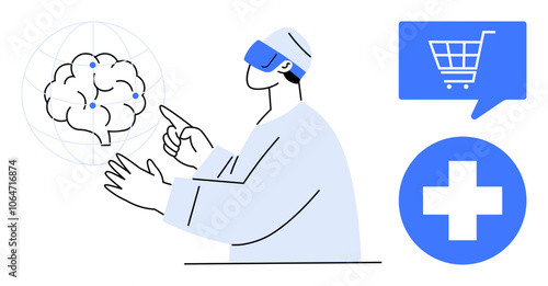 Healthcare professional with VR headset points at brain model, shopping cart icon, and healthcare symbol. Ideal for medical innovation, virtual reality, technology, telemedicine, e-commerce, future