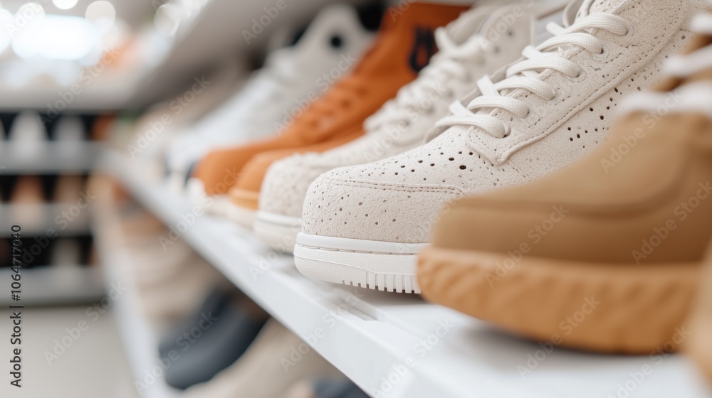 Close-up view of different sneakers in neutral tones arranged on a shelf in a shoe store, showcasing modern footwear styles. Close-up view of different sneakers in neutral tones arranged on a shelf in a shoe store, showcasing modern footwear styles.