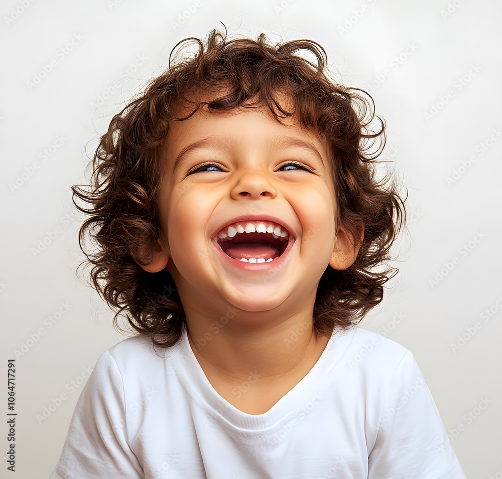 Portrait of a Little Boy with Curly Brown Hair Laughing Portrait of a Little Boy with Curly Brown Hair Laughing