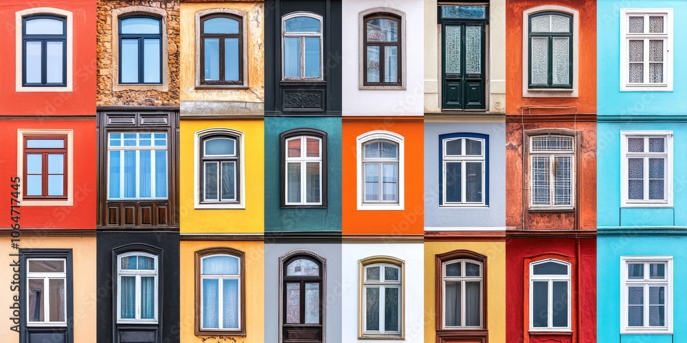 A vibrant collage of colorful windows on a building facade. A vibrant collage of colorful windows on a building facade.