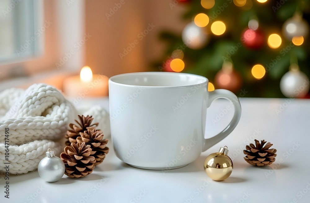 Celebrating Christmas in a cozy warm house. Close-up of a mockup of a white mug and pine cones on a white bedspread.There is a lighted candle and a Christmas tree in the background. Copy space Celebrating Christmas in a cozy warm house. Close-up of a mockup of a white mug and pine cones on a white bedspread.There is a lighted candle and a Christmas tree in the background. Copy space