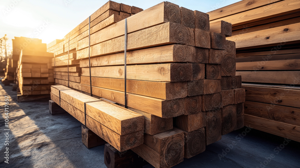 Stacks of neatly arranged wooden beams at a lumber yard, with sunlight casting soft shadows on the ground. Stacks of neatly arranged wooden beams at a lumber yard, with sunlight casting soft shadows on the ground.