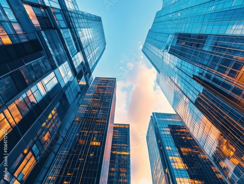 Wallpaper Mural A low-angle view of modern skyscrapers reflecting sunlight against a blue sky. Torontodigital.ca