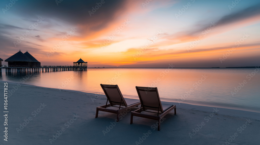 Two empty lounge chairs on a sandy beach facing a tranquil ocean at sunset with thatched-roof bungalows and a jetty in the background. Two empty lounge chairs on a sandy beach facing a tranquil ocean at sunset with thatched-roof bungalows and a jetty in the background.