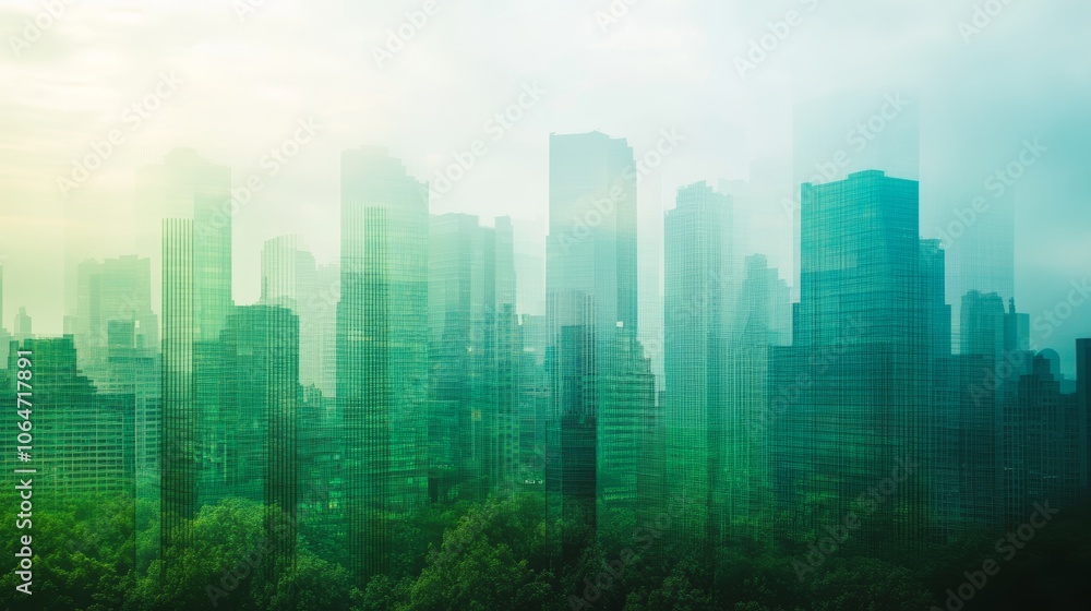 Urban skyline gradually shifting from gray to green reflecting efforts in carbon reduction and the push for a greener environment Urban skyline gradually shifting from gray to green reflecting efforts in carbon reduction and the push for a greener environment