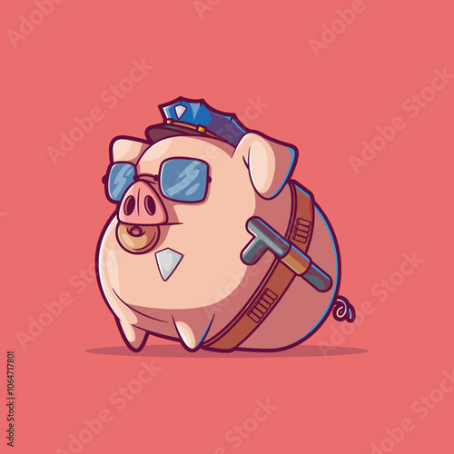 A Pig Cop Character eating a donut vector illustration. Food, animal design concept.