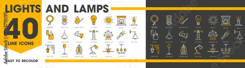 Lights and lamps outline icons. Streaming ring, traffic, street light, lightbulb and sunlight. Fireplace and candle, lighter and spotlight. Lighthouse, star projector, flashlight or wall lamp