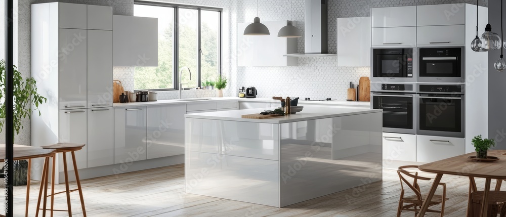 Bright white modern farmhouse kitchen with Scandinavian elements an expansive island and seamless open flow layout Bright white modern farmhouse kitchen with Scandinavian elements an expansive island and seamless open flow layout