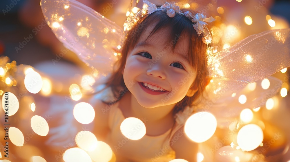 Cheerful child dressed as a fairy surrounded by soft glowing lights evoking a dreamy and enchanted celebration scene Cheerful child dressed as a fairy surrounded by soft glowing lights evoking a dreamy and enchanted celebration scene